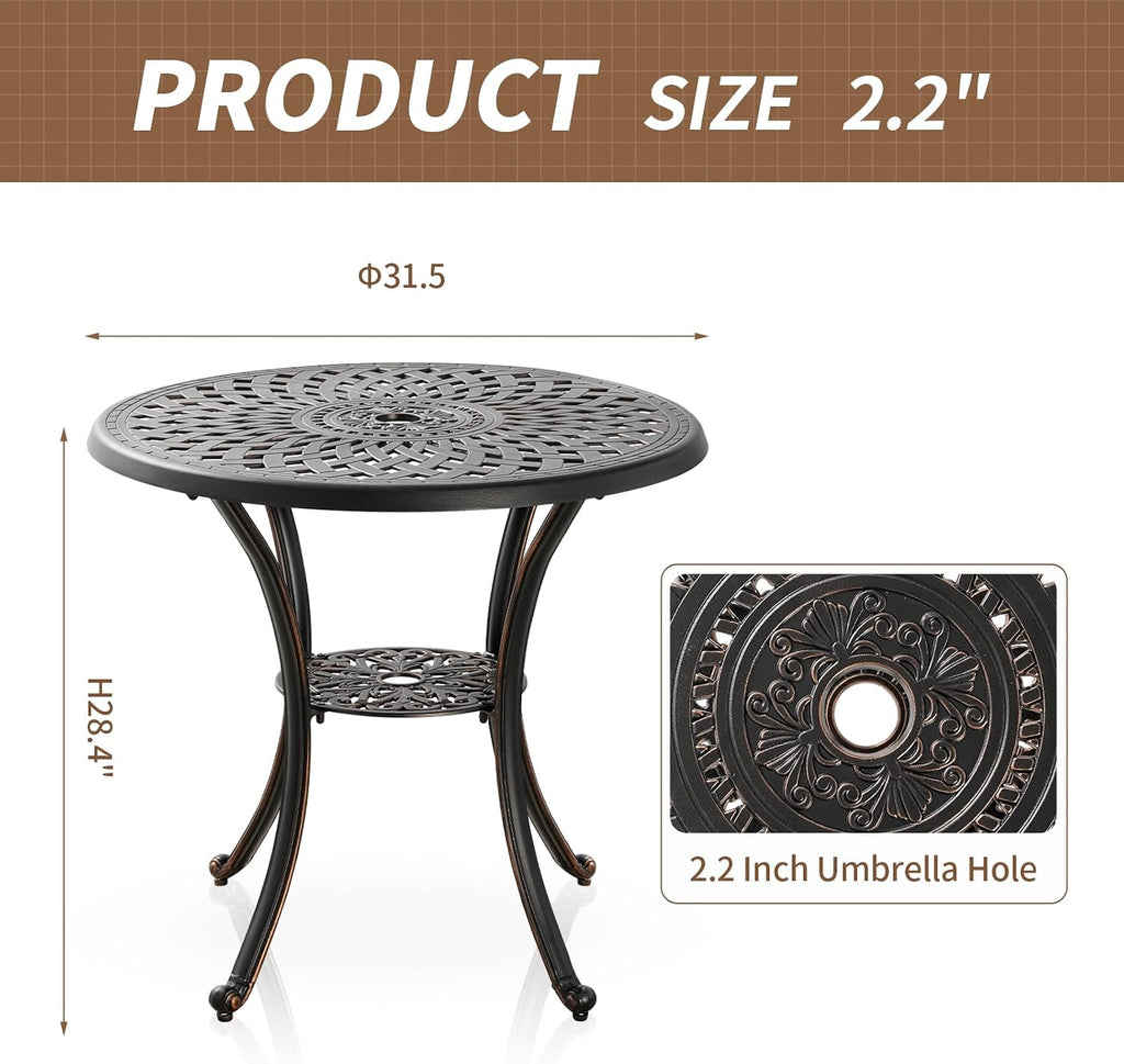 3 Piece Outdoor Dining Set,Cast Aluminum Bistro Set with Umbrella Hole, All Weather Patio Furniture Set, Small Patio Dining Set for Garden/Balcony/Deck Bronze (Flower Backrest)