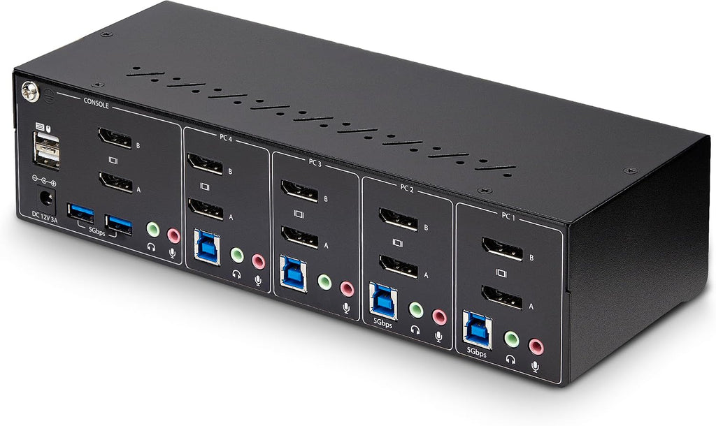 StarTech.com 4-Port Dual-Monitor DisplayPort KVM Switch, 4K 60Hz, 2X USB 5Gbps Hub Ports, 2X USB 2.0 HID Ports, Hotkey and Push-Button Switching, TAA Compliant (P4DD46A2-KVM-SWITCH)