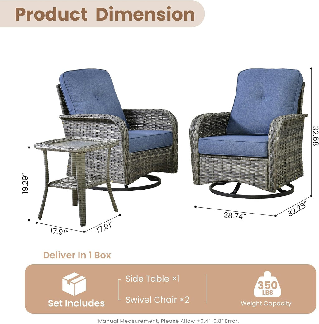HOOOWOOO Patio Furniture Set,3 Pieces Outdoor Conversation Set,All Weather Wicker High Back Swivel Chairs Bistro Set with Side Table,Denim Blue
