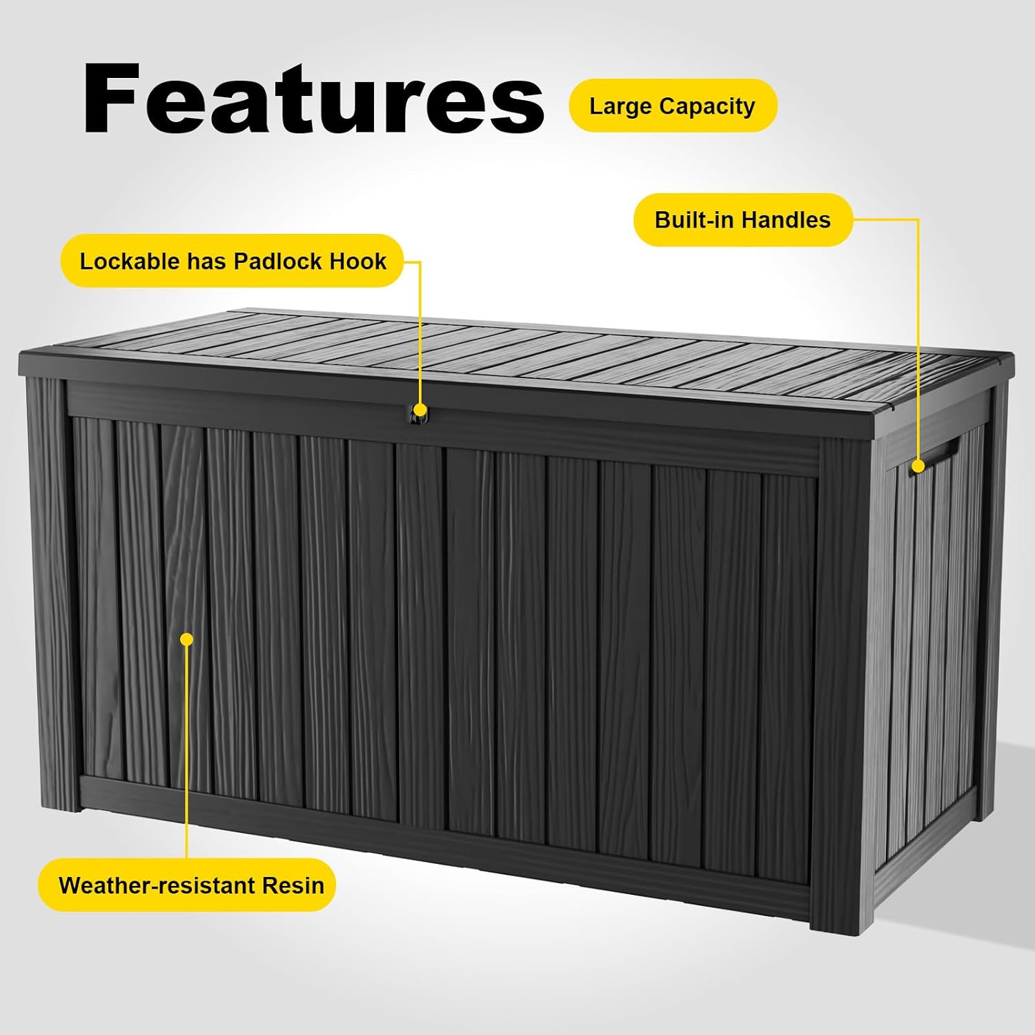 DRATO 180 Gallon Outdoor Storage Box, Large Waterproof Deck Box, Lockable Resin Storage Container with Reinforced Support for Patio Cushions, Garden Tools, UV-Resistant Outdoor Chest（Black，180 Gallon）