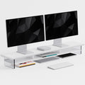 FENSULN Dual‑Tier Monitor Stand for Modern Desk Setup – Minimalist Wooden and Metal Riser Shelf with Transparent Acrylic Feet for Dual Monitors, Laptops, Home Office Aesthetic，White