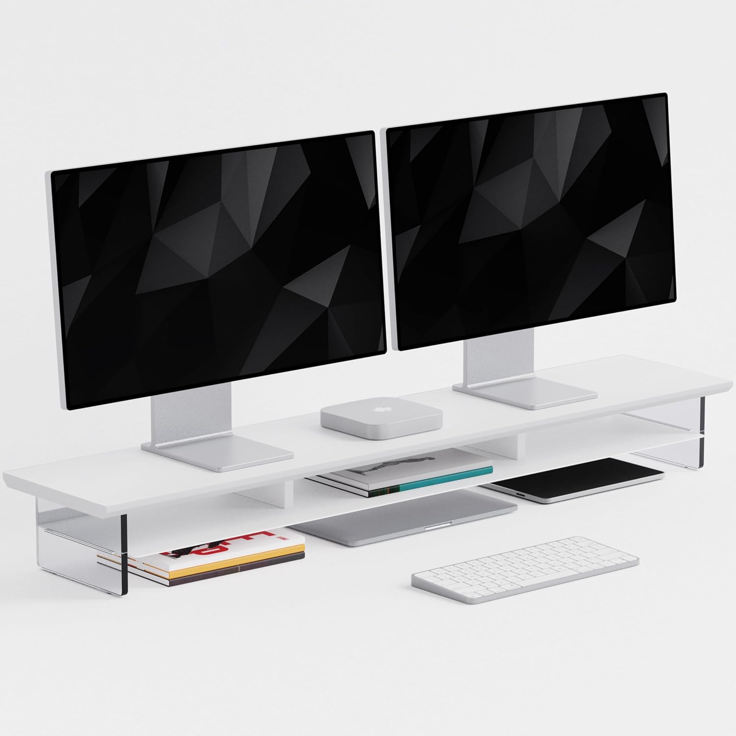 FENSULN Dual‑Tier Monitor Stand for Modern Desk Setup – Minimalist Wooden and Metal Riser Shelf with Transparent Acrylic Feet for Dual Monitors, Laptops, Home Office Aesthetic，White