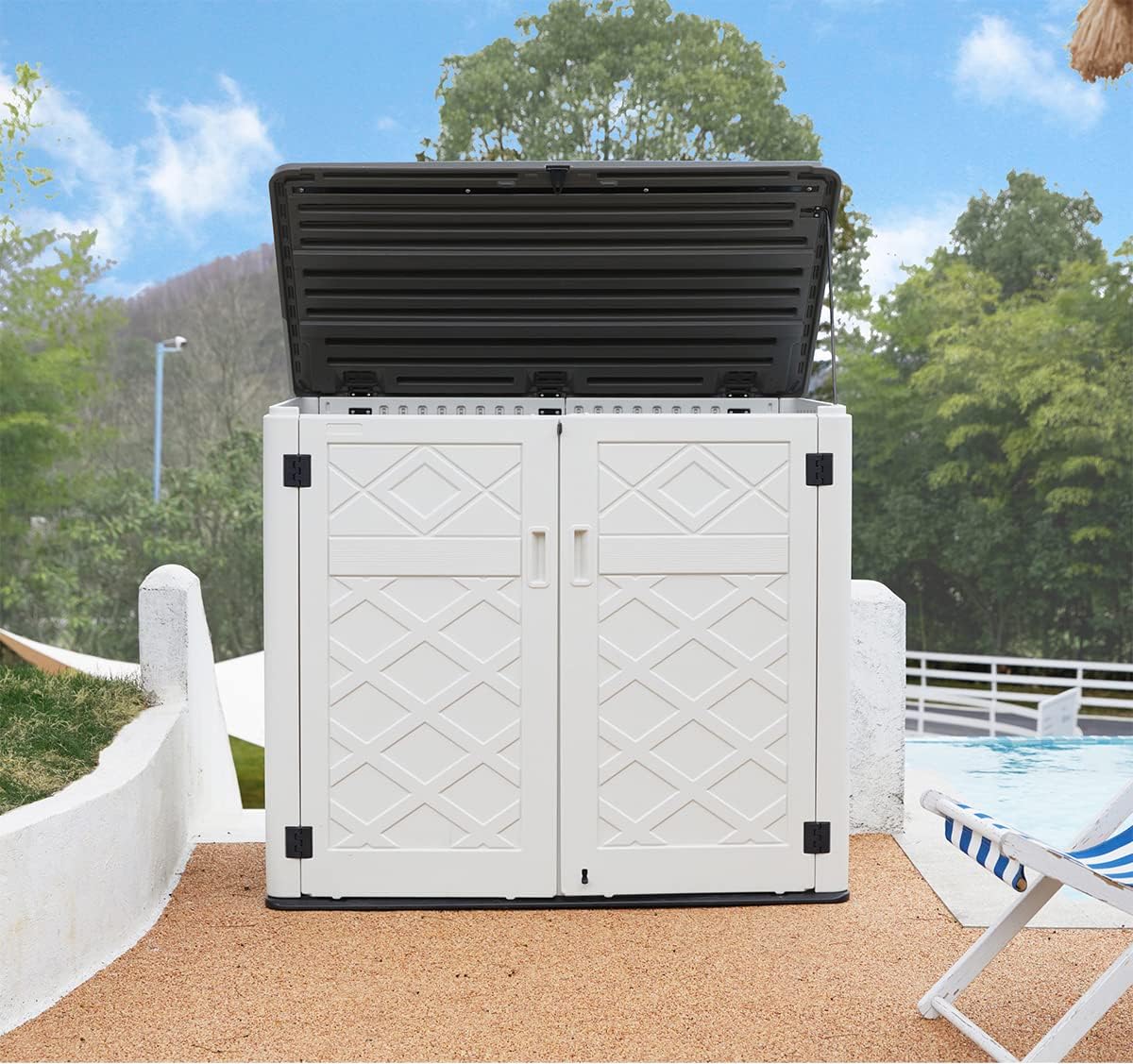 Mrosaa Resin Outdoor Storage Shed, 38 cu.ft Outdoor Storage Box Waterproof for Garden Tools, Patio Furniture, Trash Cans, Garage Storage, Customized Shelves & Lockable (Off White)