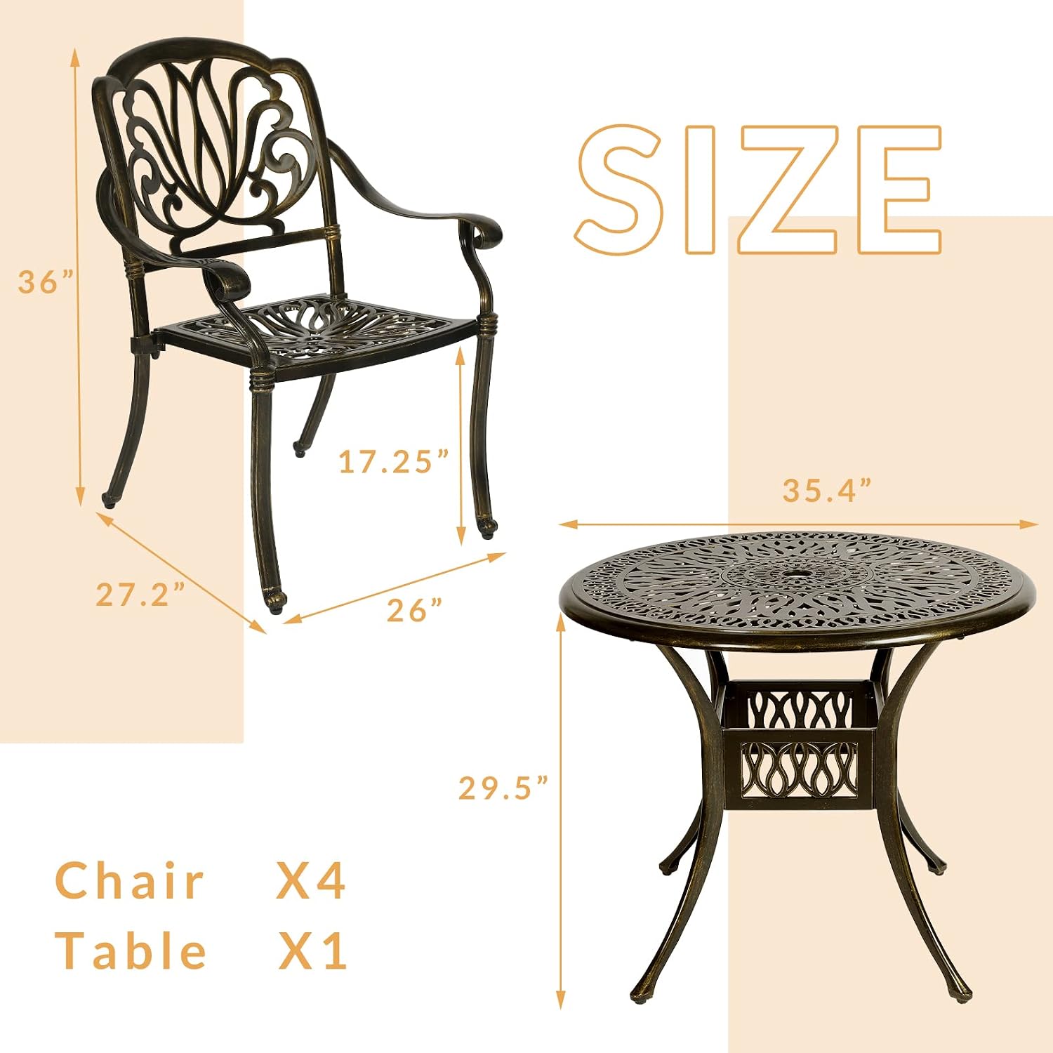 5-Piece Outdoor Patio Dining Set, All-Weather Cast Aluminum Patio Furniture Set with 4 Chairs and 35.4' Round Table for Backyard Garden Deck, 2' Umbrella Hole