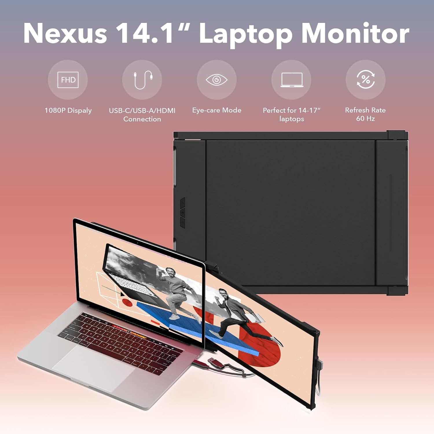 New Mobile Pixels Nexus 14.1'' FHD 1080P Laptop Screen Extender, USB Type-C/USBA/HDMI Travel Monitor, Portable Monitor for 14'' to 17' Laptops, Compatible with macOS/Windows/Android/Switch