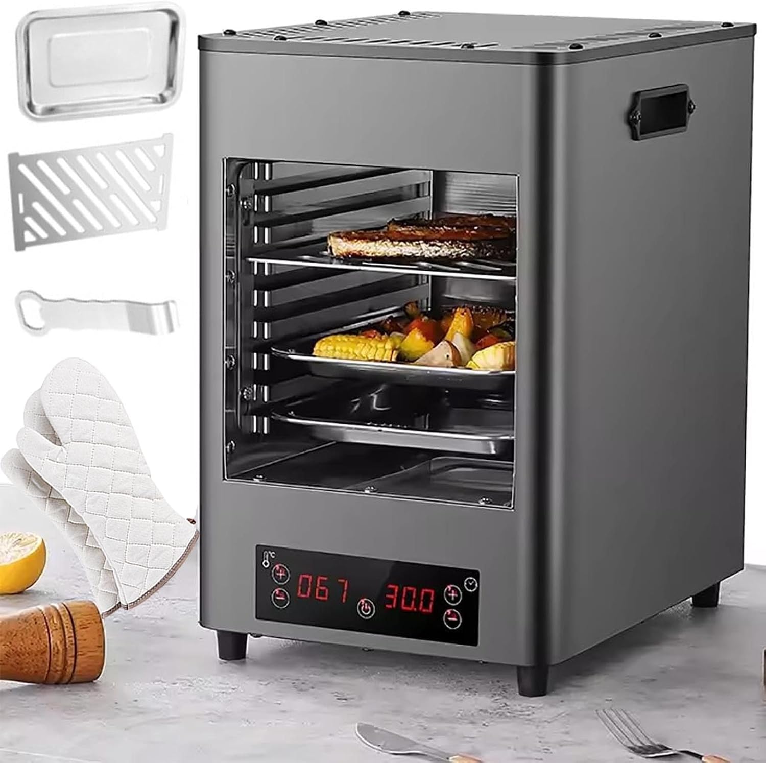 1700W Indoor Commercial Steak Grill,Electric Steak Broiler +glove-Time Temperature Adjustable/Touch Button/800℃ High Temperature/8-Layer Grill-for Beef Chicken Vegetables,A