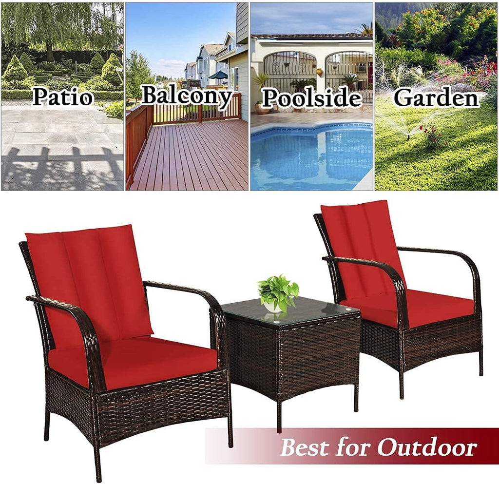 Tangkula 3 Piece Patio Furniture Set, 2 Wicker Chairs with Glass Top Coffee Table, Outdoor Garden Porch Poolside Furniture Set for 2, Rattan Conversation Set