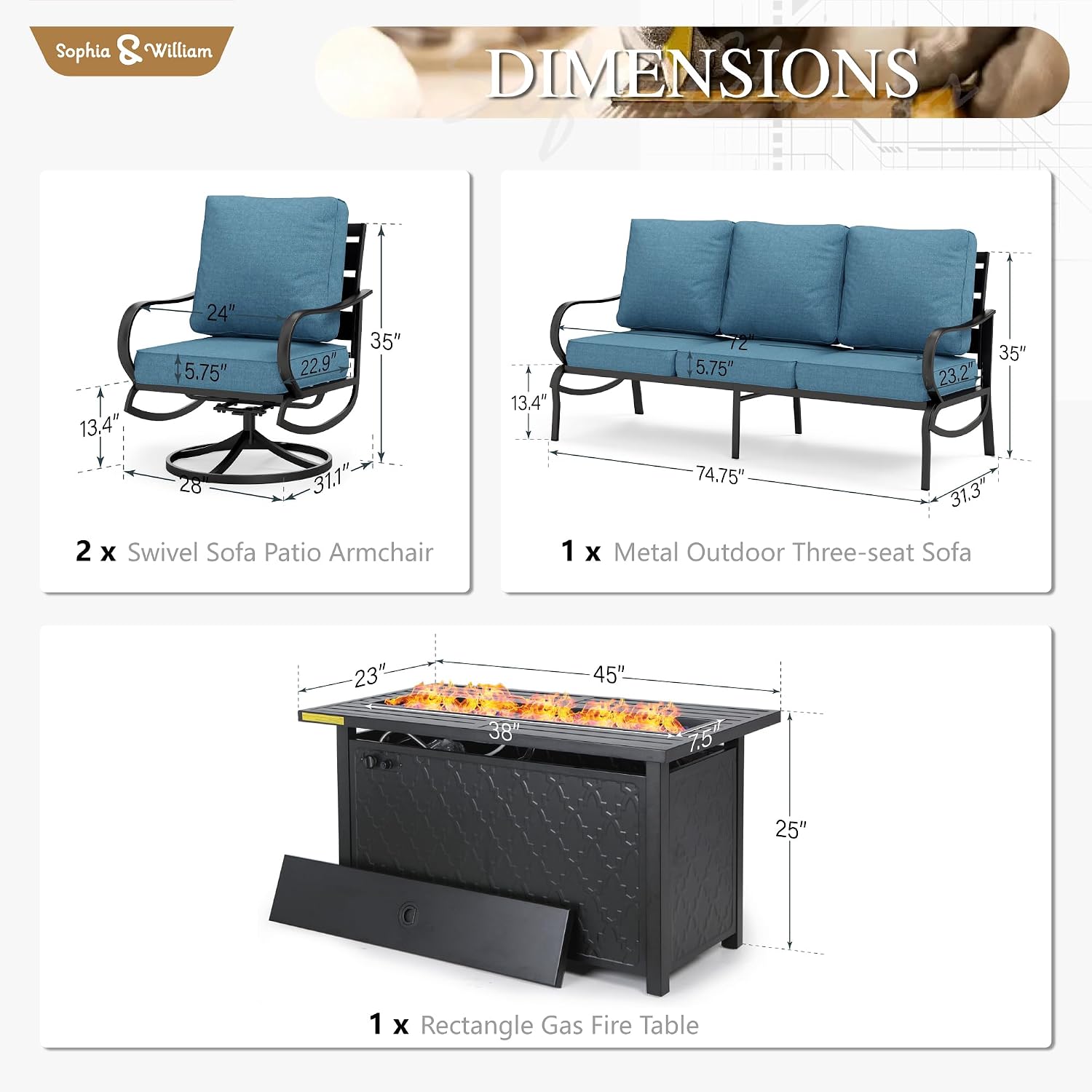 Sophia & William Patio Furniture Sets with 45' Gas Fire Pit Table Outdoor Metal Conversation Sets for 5, 2 x Swivel Cushioned Patio Sofa Chairs, 1 x 3-Seat Sofa 4 Pieces for Lawn Backyard Navy