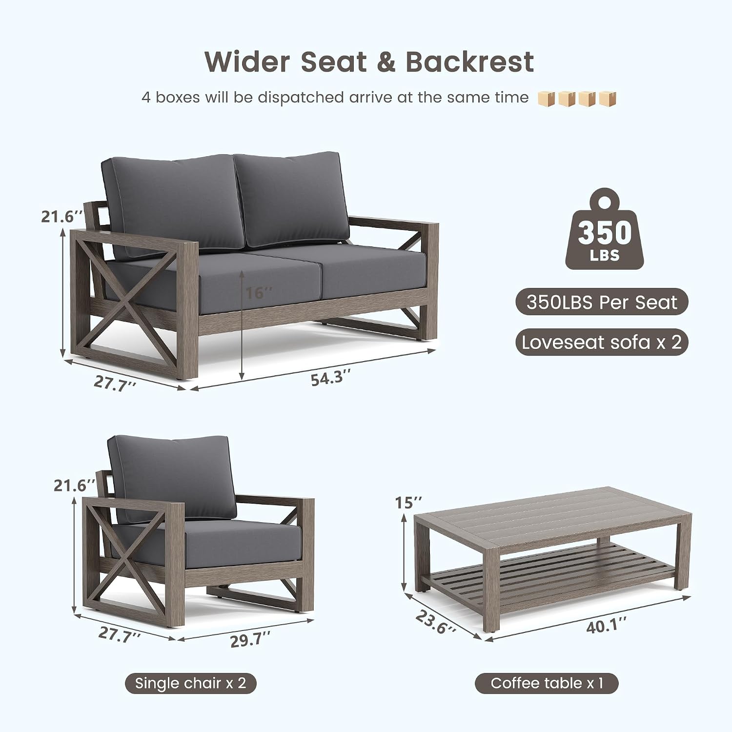 UDPATIO Aluminum Patio Furniture Set, Faux Wood Grain Modern Outdoor Furniture, 6' Cushions Metal Patio Conversation Sofa with Coffee Table for Poolside Deck, 5 PCS, Dark Grey(Include 600D Covers)