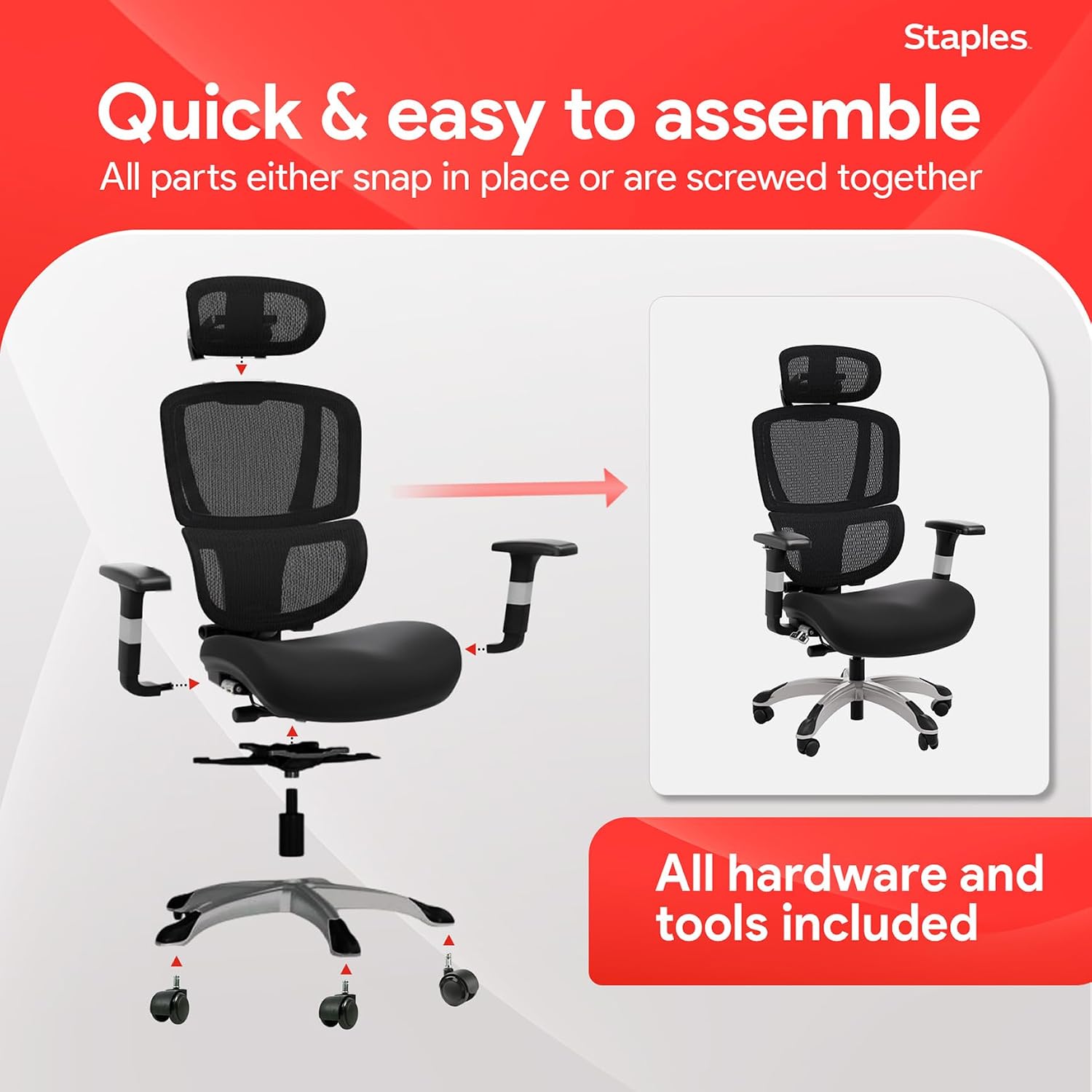 STAPLES Ergonomic Task Chair, Mesh, Ergonomic, Lumbar Support, Swivel, Black