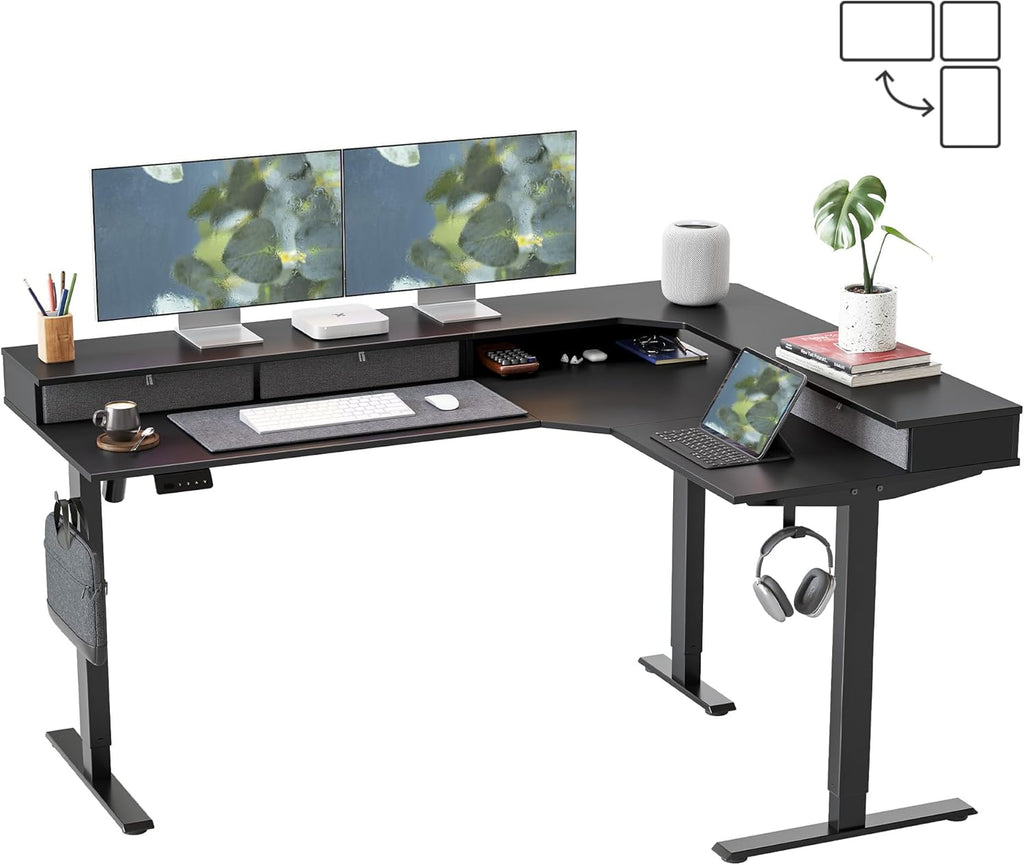 FEZIBO L Shaped Electric Standing Desk, 63 x48 inch Large with Drawers | Reversible Tabletop, 2 Memory Height Settings | Home Office & Gaming Height-Adjustable Table, Black Top/Black Frame（2 packages）