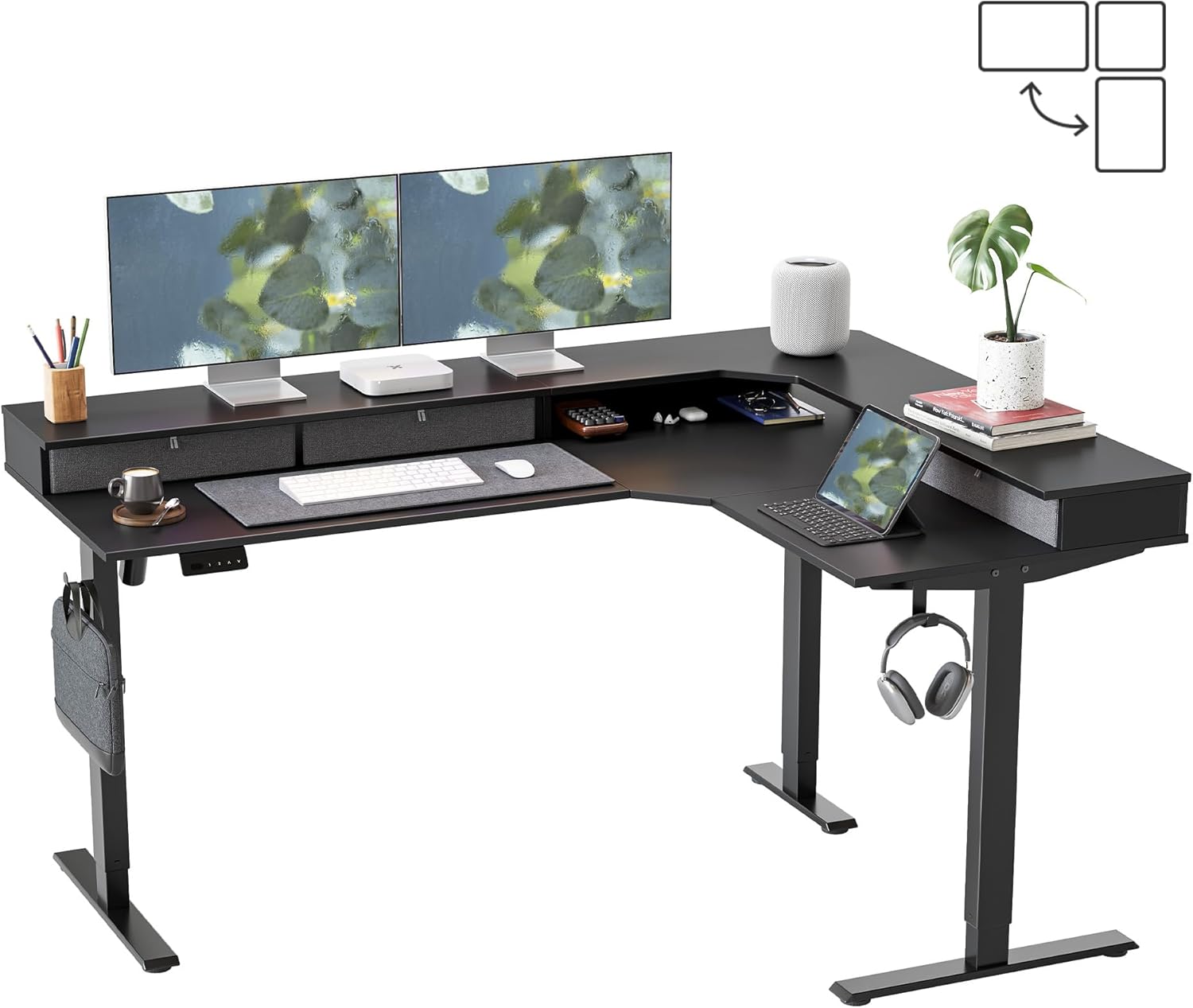 FEZIBO L Shaped Electric Standing Desk, 63 x48 inch Large with Drawers | Reversible Tabletop, 2 Memory Height Settings | Home Office & Gaming Height-Adjustable Table, Black Top/Black Frame（2 packages）