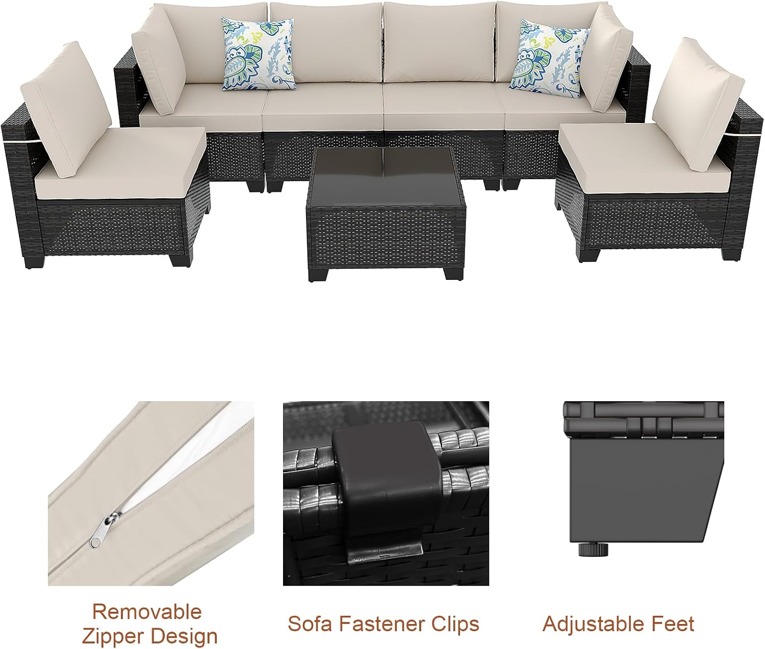 7 Pieces Outdoor Conversation Sectional Rattan Sofa, Patio Furniture Set, with Wicker and Cushions for Garden and Backyard (Brown/Beige)