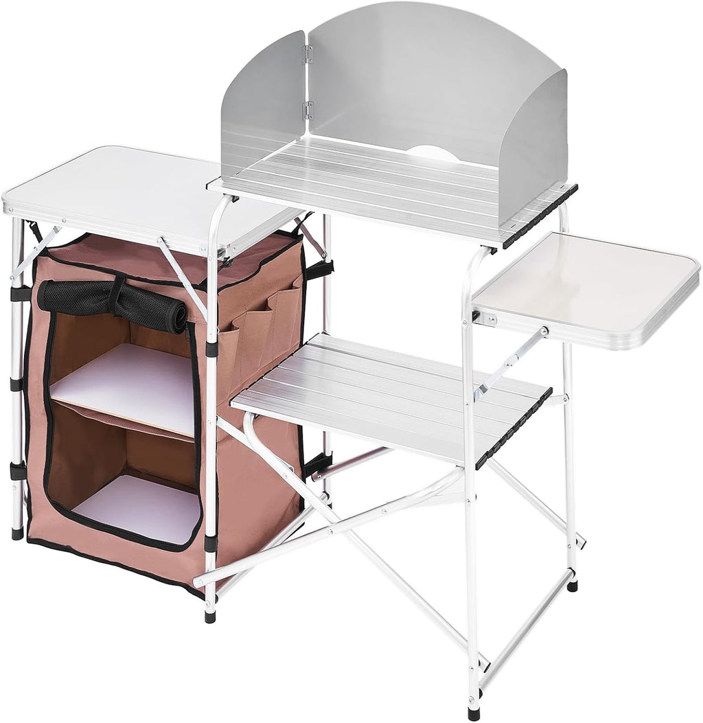 VEVOR Camping Kitchen Table, Folding Outdoor Cooking Table with Storage Carrying Bag, Aluminum Cook Station 1 Cupboard & Detachable Windscreen, Quick Set-up for Picnics, BBQ, RV Traveling, Brown
