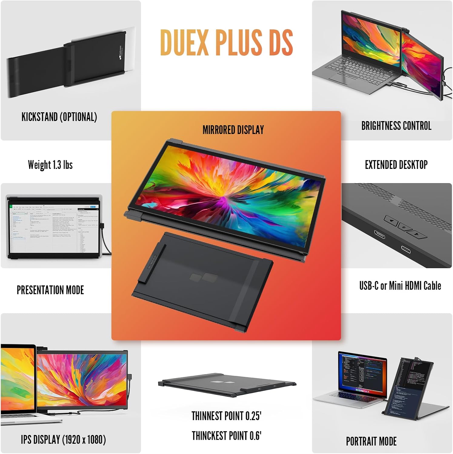 New Mobile Pixels Duex Plus DS Laptop Screen Extender, 13.3' FHD 1080P IPS Ultra Slim Portable Monitor, USB A/USB C/HDMI Plug and Play Laptop Monitor, Windows/Mac/Android/Switch Compatible