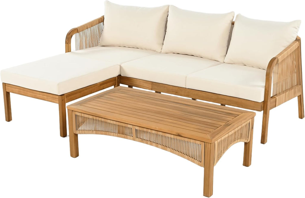 Christopher Knight Home Havets 3 Pieces Acacia Wood Patio Furniture Set, Faux Rattan Sofa and Coffee Table, Outdoor Conversation Sets with 6' Thick Cushions for Backyard Garden Balcony, Teak+Beige