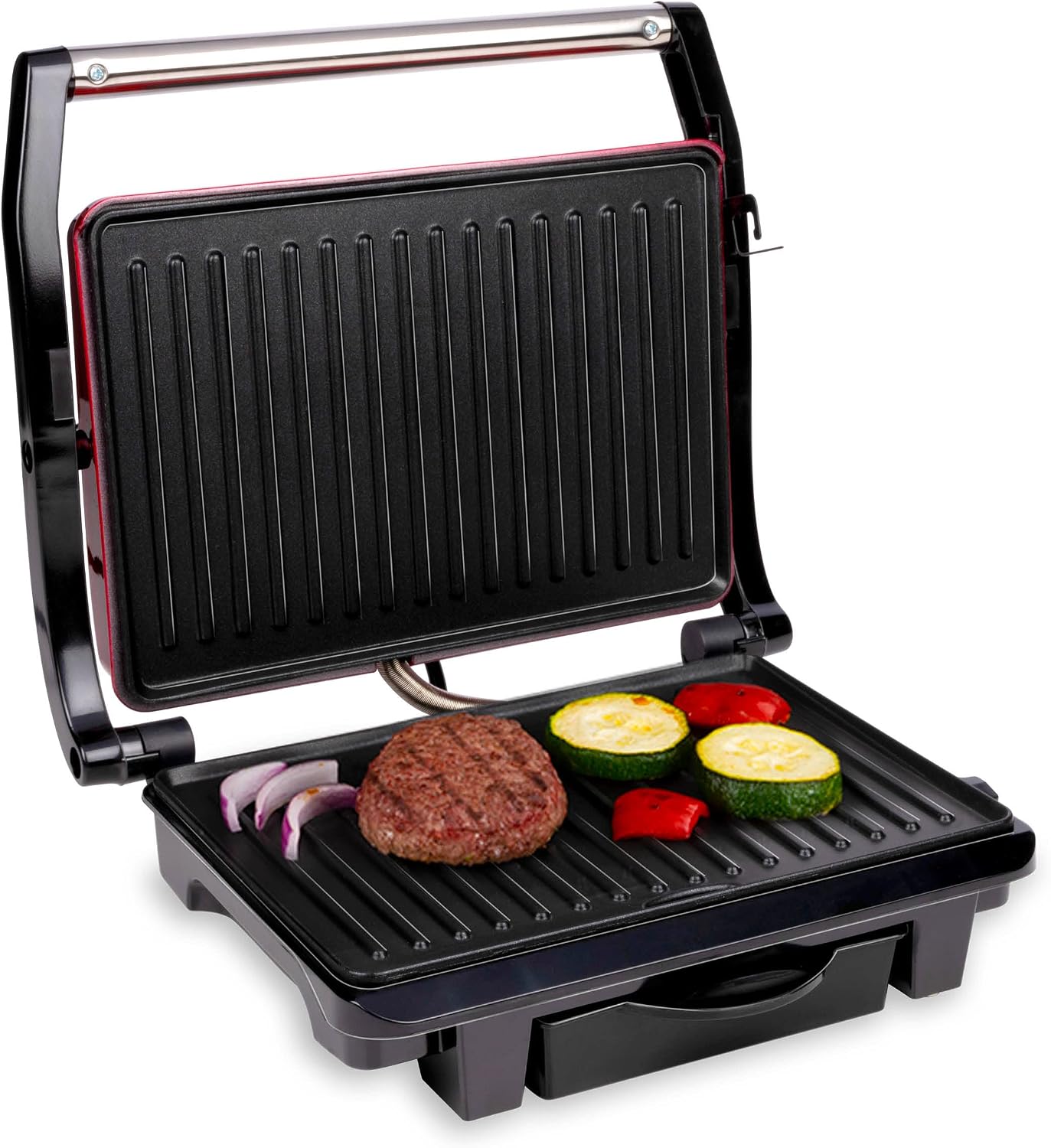 ALPINA 8711252252773 Contact Grill - 230V/1000W - Sandwich maker - Panini Grill - Vegetable, Bread and Meat - Non-stick - Drip tray - Black/Red