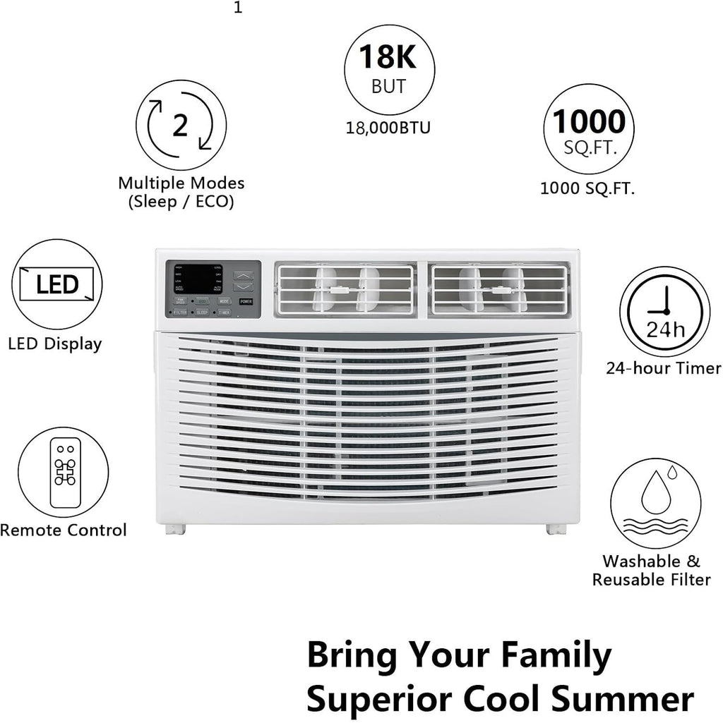 ROVSUN 18000 BTU Air Conditioner Window Unit, 3-in-1 Window AC Unit Cooler, Dehumidifier & Fan with Timer, Remote Control & Installation Kit, Cooling Rooms up to 1000 Sq. Ft, 230V/60Hz, White & Grey