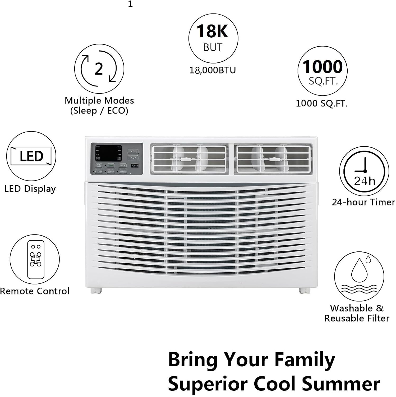 ROVSUN 18000 BTU Air Conditioner Window Unit, 3-in-1 Window AC Unit Cooler, Dehumidifier & Fan with Timer, Remote Control & Installation Kit, Cooling Rooms up to 1000 Sq. Ft, 230V/60Hz, White & Grey