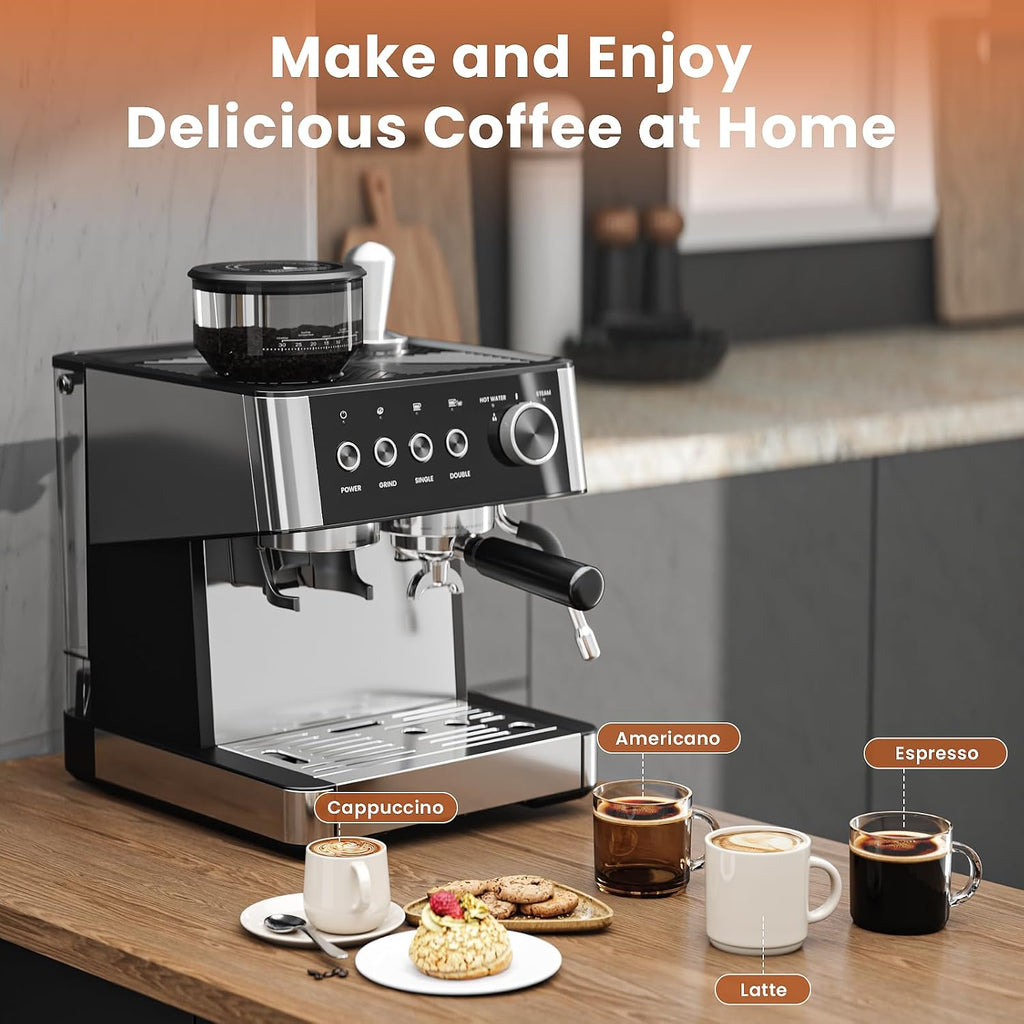 WAA Espresso Machine 20 Bar, Expresso Coffee Machines with Grinder, Espresso Maker with Milk Frother Steam Wand, Latte & Cappuccino Machine with Removable Water Tank for Home, Stainless Steel