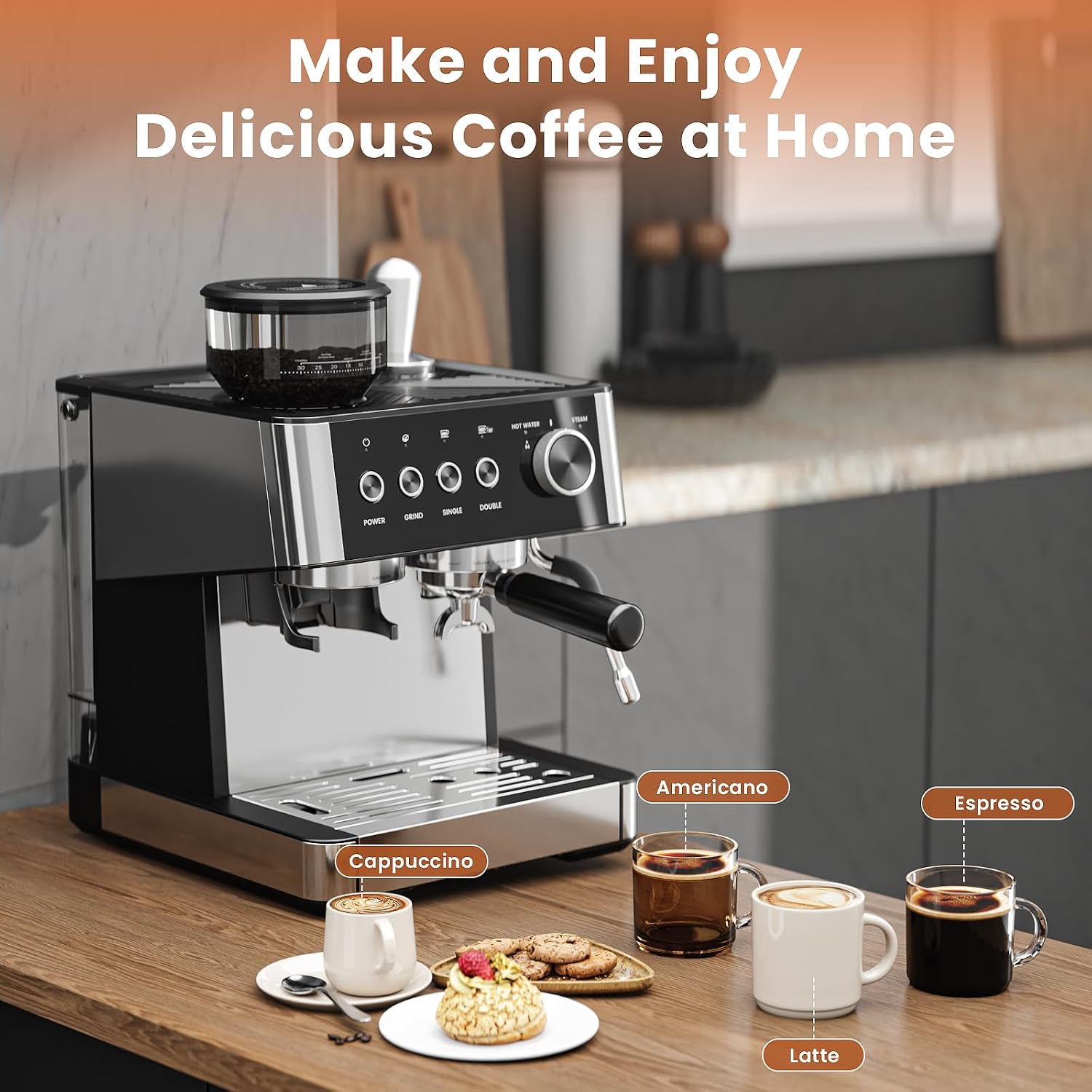 WAA Espresso Machine 20 Bar, Expresso Coffee Machines with Grinder, Espresso Maker with Milk Frother Steam Wand, Latte & Cappuccino Machine with Removable Water Tank for Home, Stainless Steel