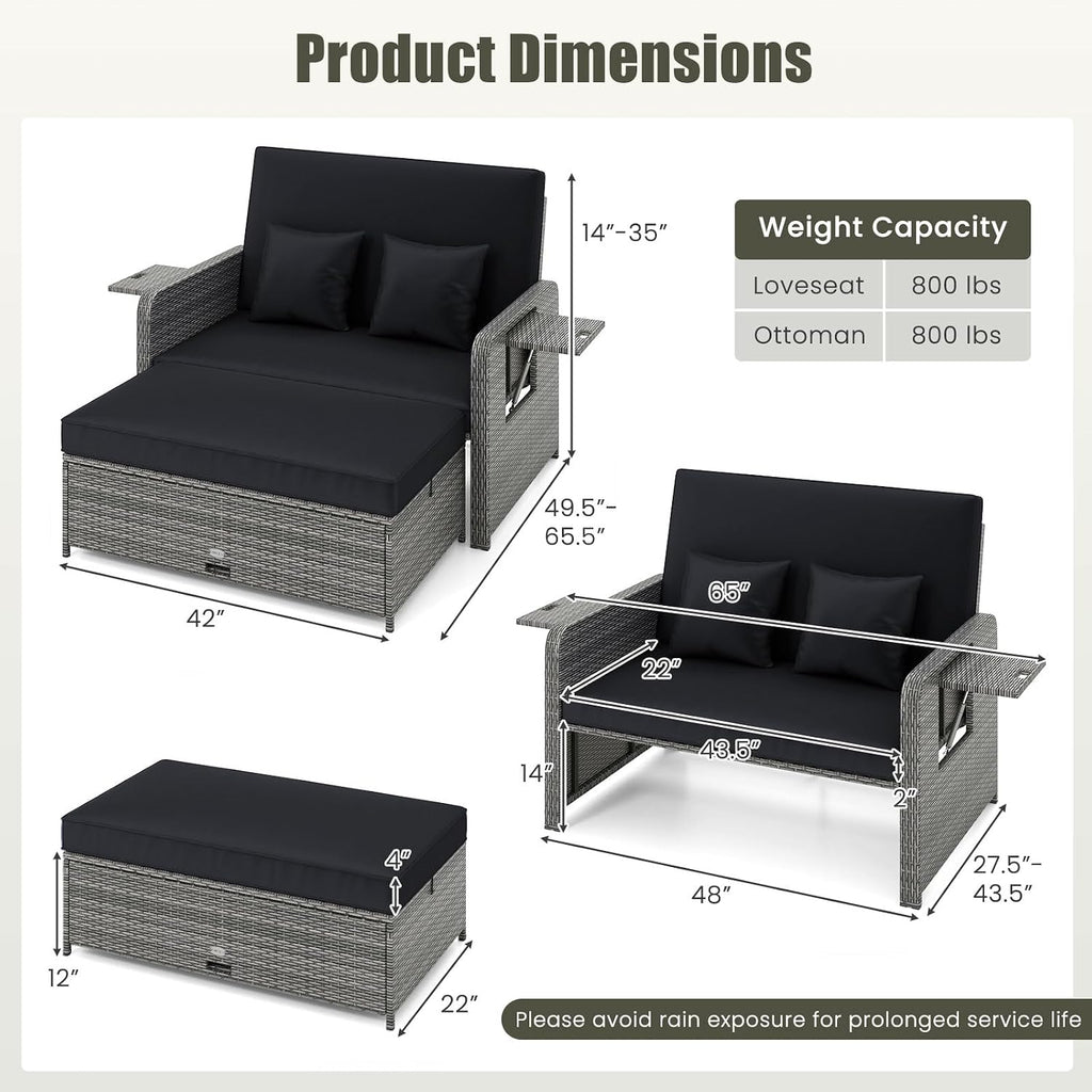 Tangkula Patio Rattan Daybed with 4-Level Adjustable Backrest, Outdoor PE Wicker Loveseat with Storage Ottoman & Folding Side Table, Double Sunbed for Balcony, Backyard & Poolside, Black & Grey