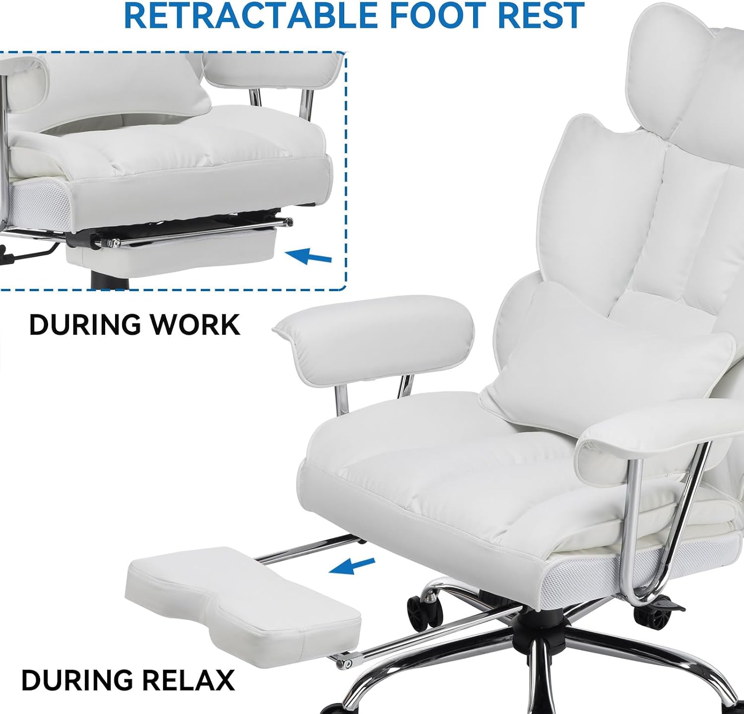 Efomao Big and Tall Office Chair 400lbs, Executive PU Leather Desk Chair with Footrest & Lumbar Support, Heavy Duty Computer Seating for Home, White