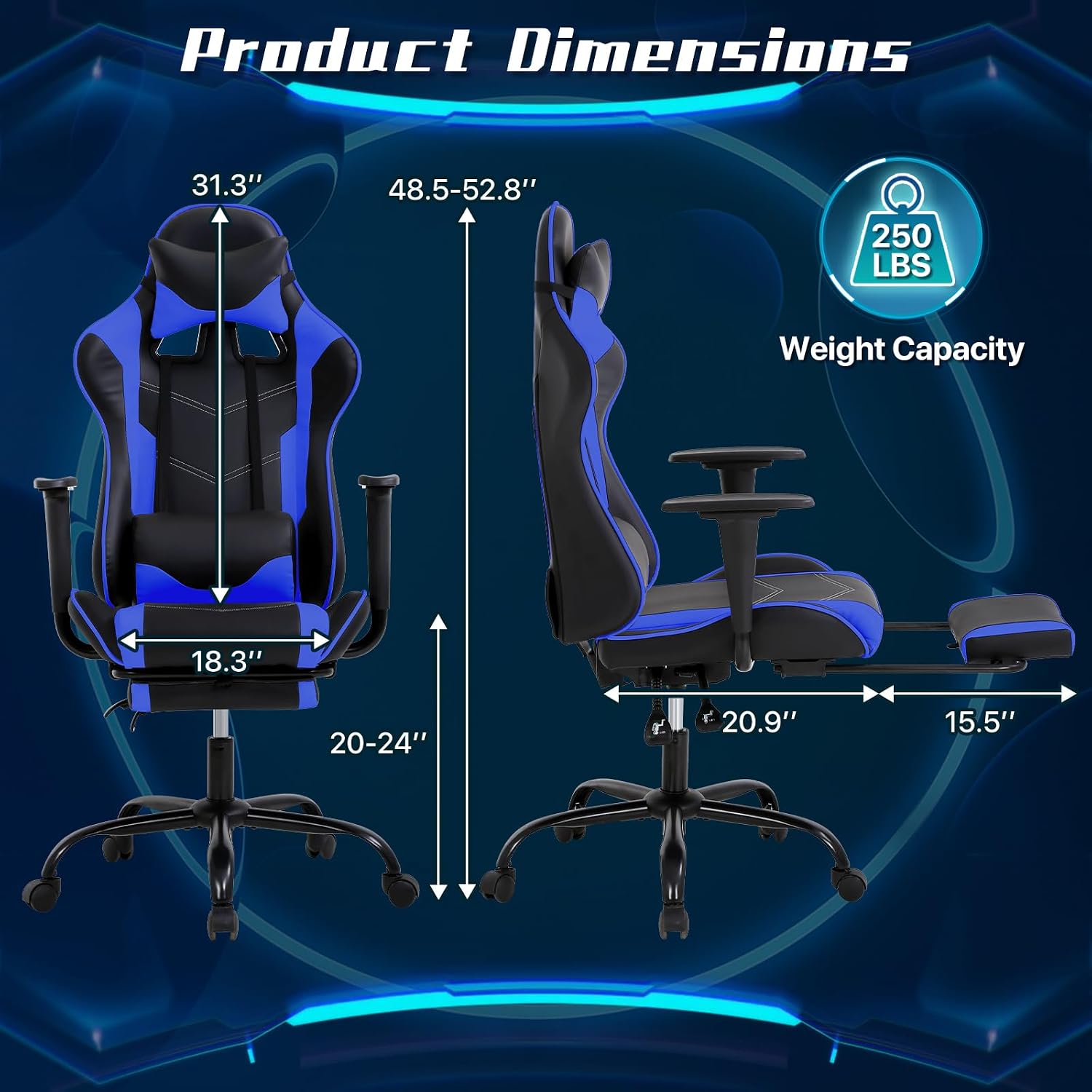 Ergonomic Gaming Chair with Footrest, High Back PU Leather Office Desk Chair for Adults Teens, Rolling Swivel Computer Chair (Blue)