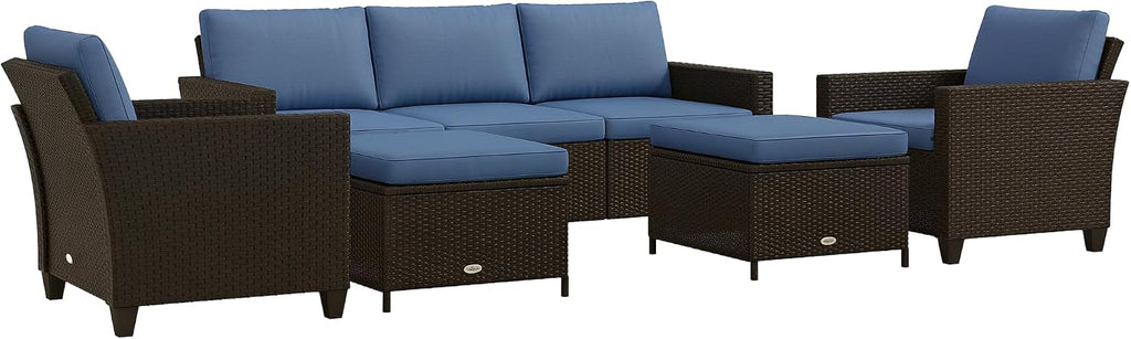 Outsunny 5 Piece Patio Furniture Set with Cushions, Outdoor Conversation Set with Rattan 3-Seater Sofa, Chairs & Footstools for Backyard, Lawn and Pool, Deep Coffee