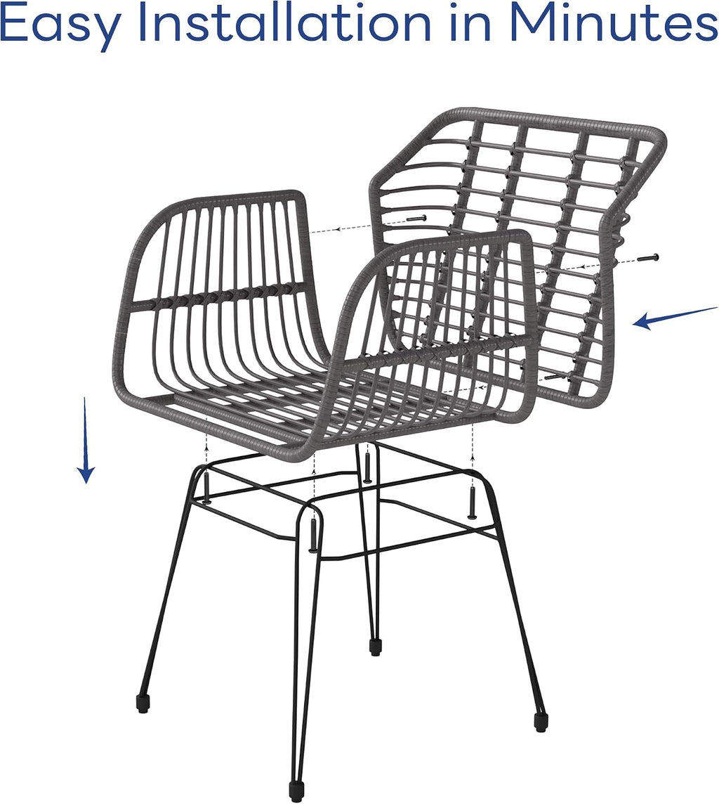 KROFEM 3 Piece Wicker Patio Bistro Furniture Set, Includes 2 Rattan Chairs and Glass Top Table, Ideal for Porch, Outdoor, Backyard, Apartment, Balcony, Grey