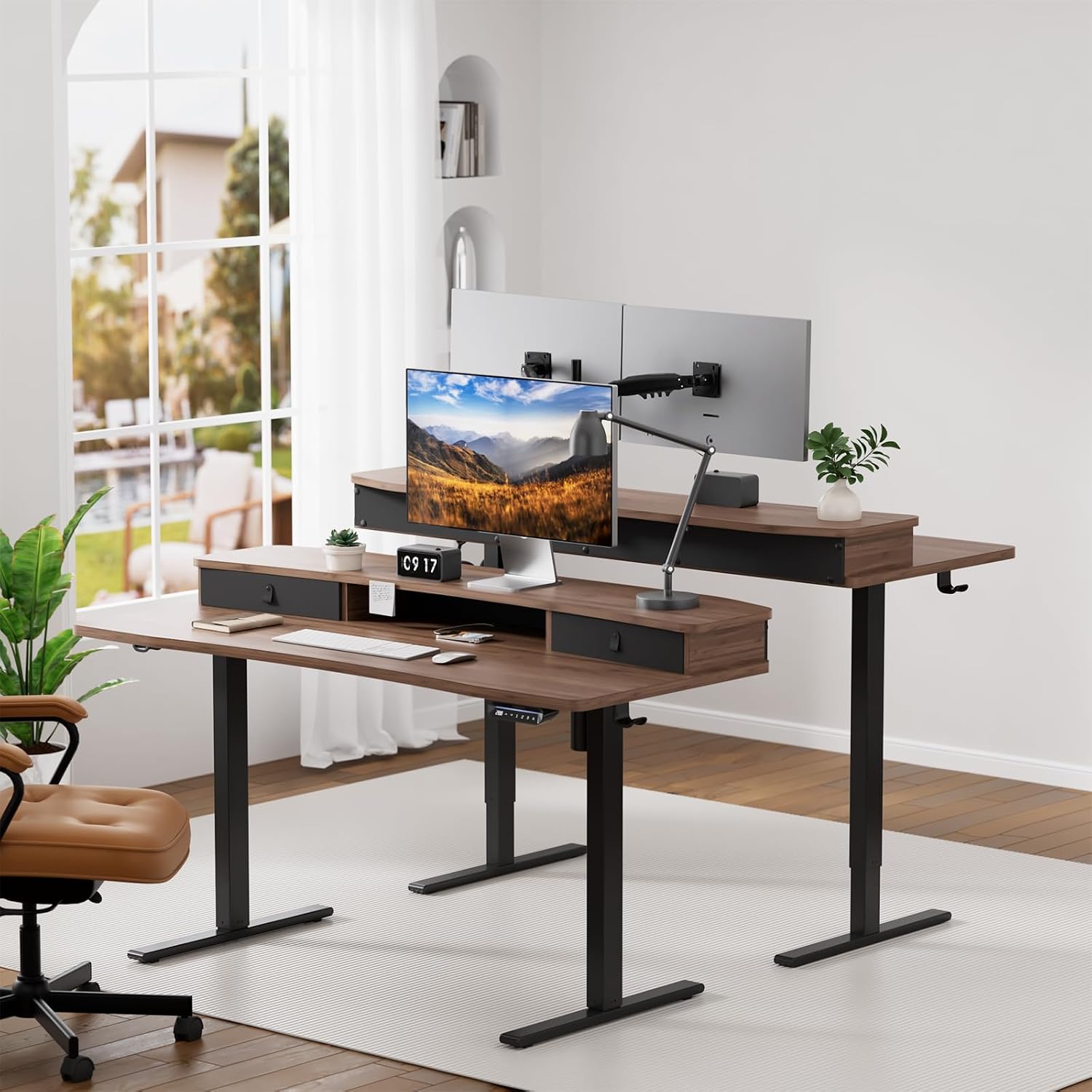 HUANUO 55' x 26' Electric Standing Desk with 2 Drawers, C-Clamp Mount Compatible, Height Adjustable Computer Desk, Home Office Stand Up Desk with 4 Preset Heights & 2 Hooks, Walnut