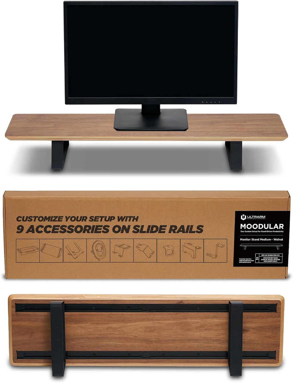 ULTRARM Moodular Wooden Monitor Stand 33.4' (85cm) Desk Organizer with Metal Slide Rails for Drawer, Tray, Laptop, Tablet, Phone & Headphones Customizable Riser for Organized Workspace Walnut MS85-W