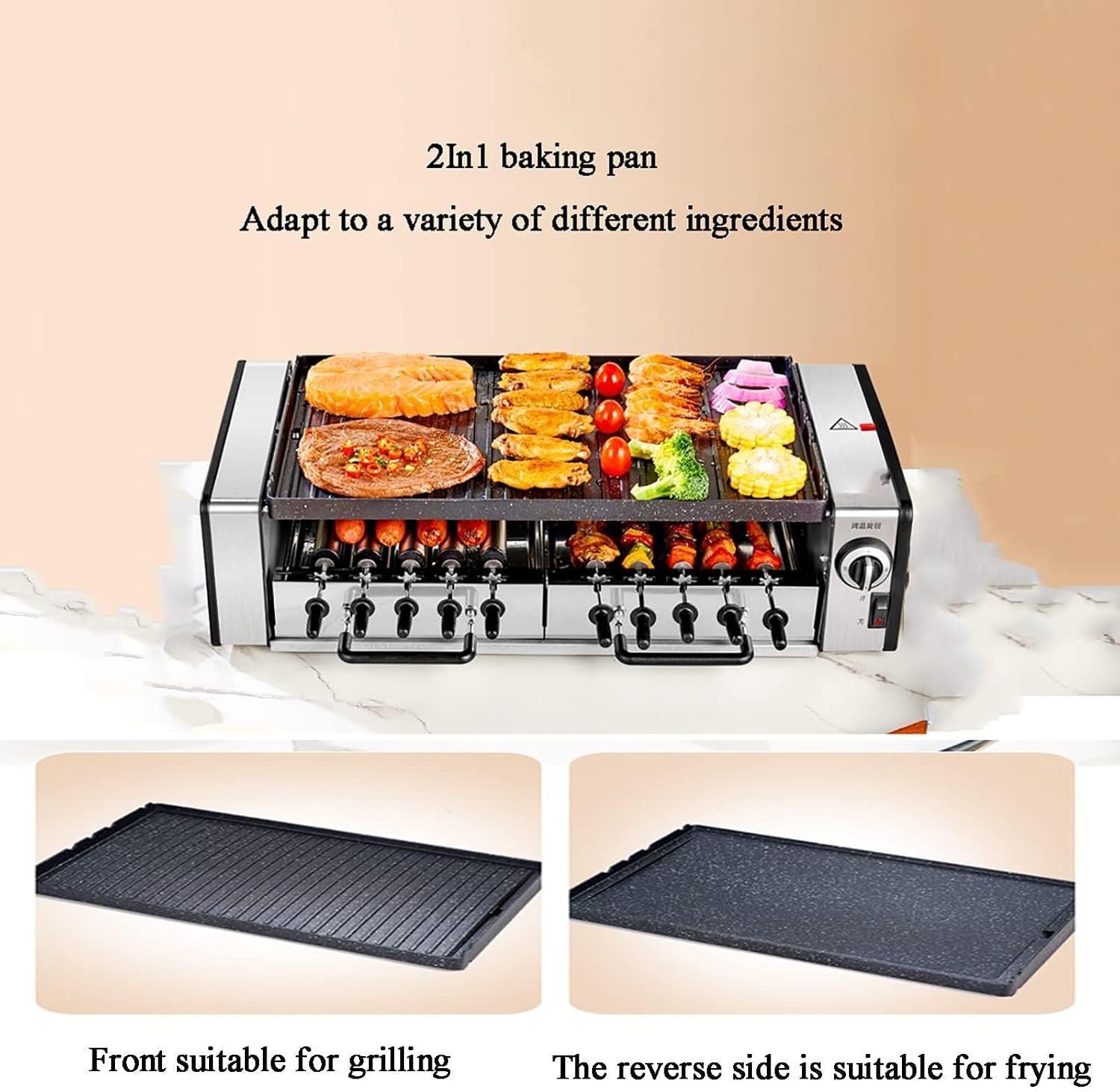 Multifunction Electric Smokeless Barbecue Indoor BBQ, Double Layer Electric Grill, Automatic Rotating 10-pin Skewers Machine, 1600 W Power Knob Control Hot Plate For Kitchen Dinner Party Camping