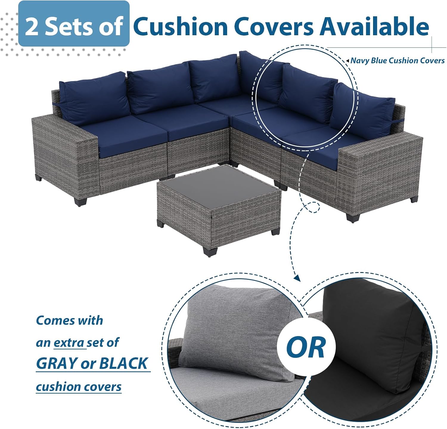 JOIVI 6 Pieces Outdoor Patio Furniture Set, Rattan Patio Sectional Sofa Conversation Set with Coffee Table, PE Wicker L-Shaped Sofa Set with Cushions for Garden, Backyard, Deck, Navy Blue