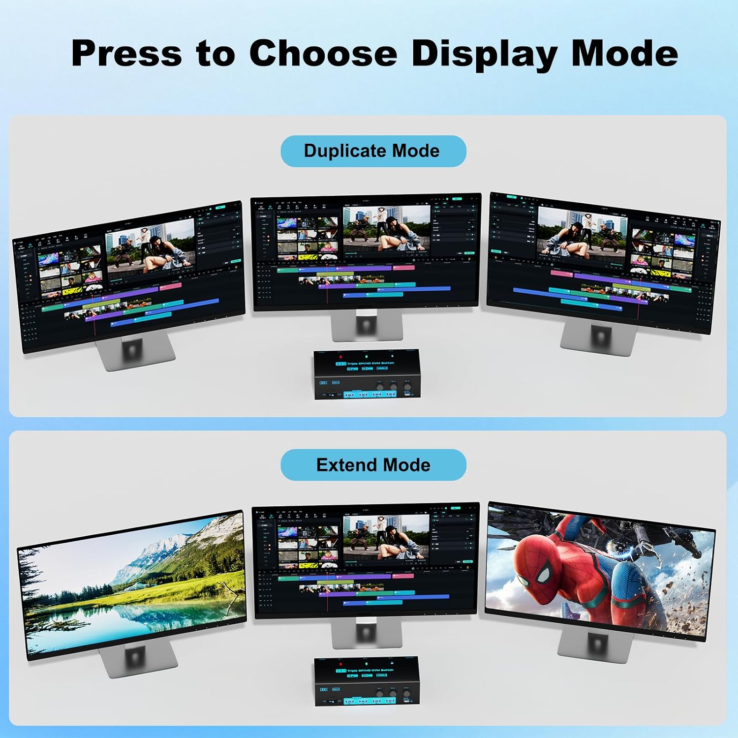 8K/4K KVM Switch 3 Monitors 3 Computers Triple Monitor 3 Port 2 Displayport 1.4 and HDMI 2.1 USB 3.0 KVM Switches, DP 1.4 Supports 8K@30Hz/4K@144Hz, HDMI Supports 8K@60Hz /4K@120Hz with Wired Remote