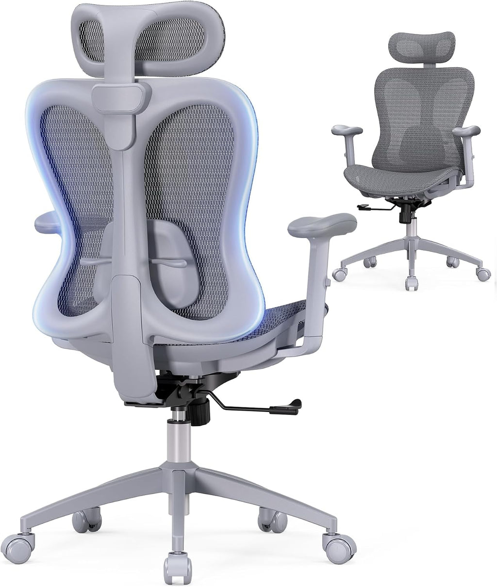 amseatec Ergonomic Office Desk Chair, Comfortable Computer Gaming Chair, Breathable Mesh Back & Seat, Adjustable Armrest & Headrest, Lumbar Support, Butterfly Design for Home Office, Gray
