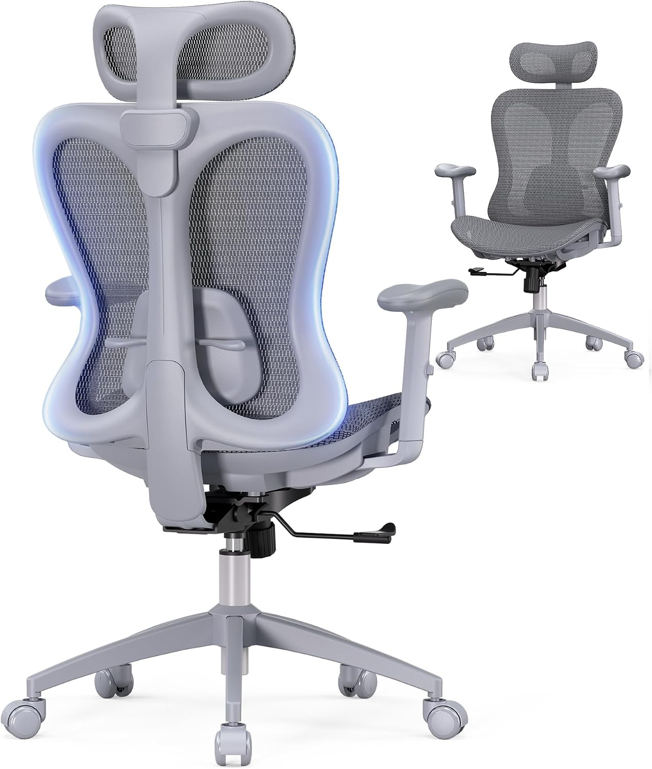 amseatec Ergonomic Office Desk Chair, Comfortable Computer Gaming Chair, Breathable Mesh Back & Seat, Adjustable Armrest & Headrest, Lumbar Support, Butterfly Design for Home Office, Gray