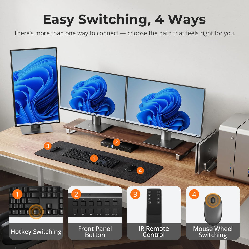 TESmart USB 3.0 HDMI+DP+USB C KVM Switch 3 Monitors 4 Computers 4K@60Hz, 4 Port Triple Monitor KVM Switch MST, 60W PD for Laptop, 1G Ethernet, EDID Emulators, Hotkey Switch, Rack-Ears