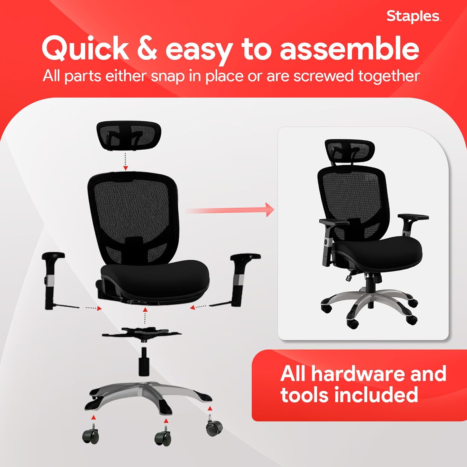 STAPLES Hyken Ergonomic Office Chair Adjustable Lumbar Support with Breathable Mesh, Swivel Desk Chair for Home Office, Black (XL)