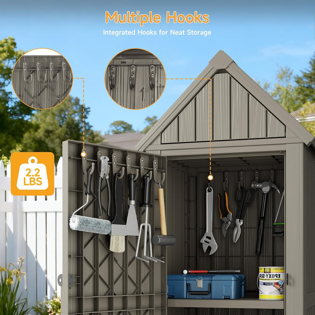 Outdoor Resin Storage Shed, Outdoor Storage Cabinet Waterproof with Hooks and Lock Ring, Multifunctional Storage Shed with Floor and Removable Shelves, All Weather Tool Shed for Patio, Lawn, Brown