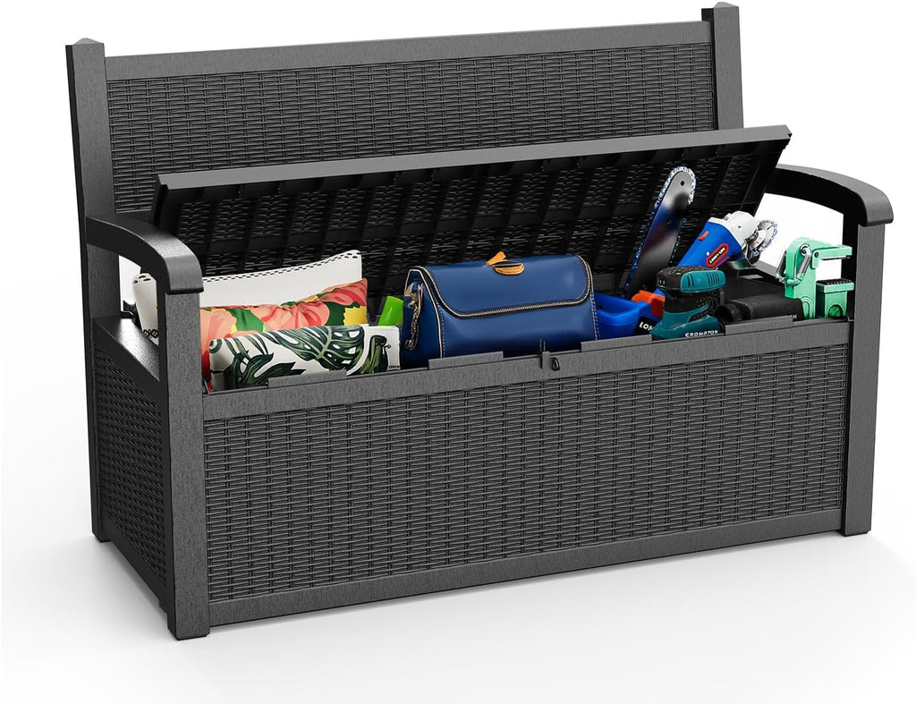 EasyUp 80 Gallon Outdoor Storage Bench Lockable Deck Box Outdoor Storage Box Waterproof for Patio,Garden,and Porch – Perfect for Storing Garden Tools and Cushions(Black)