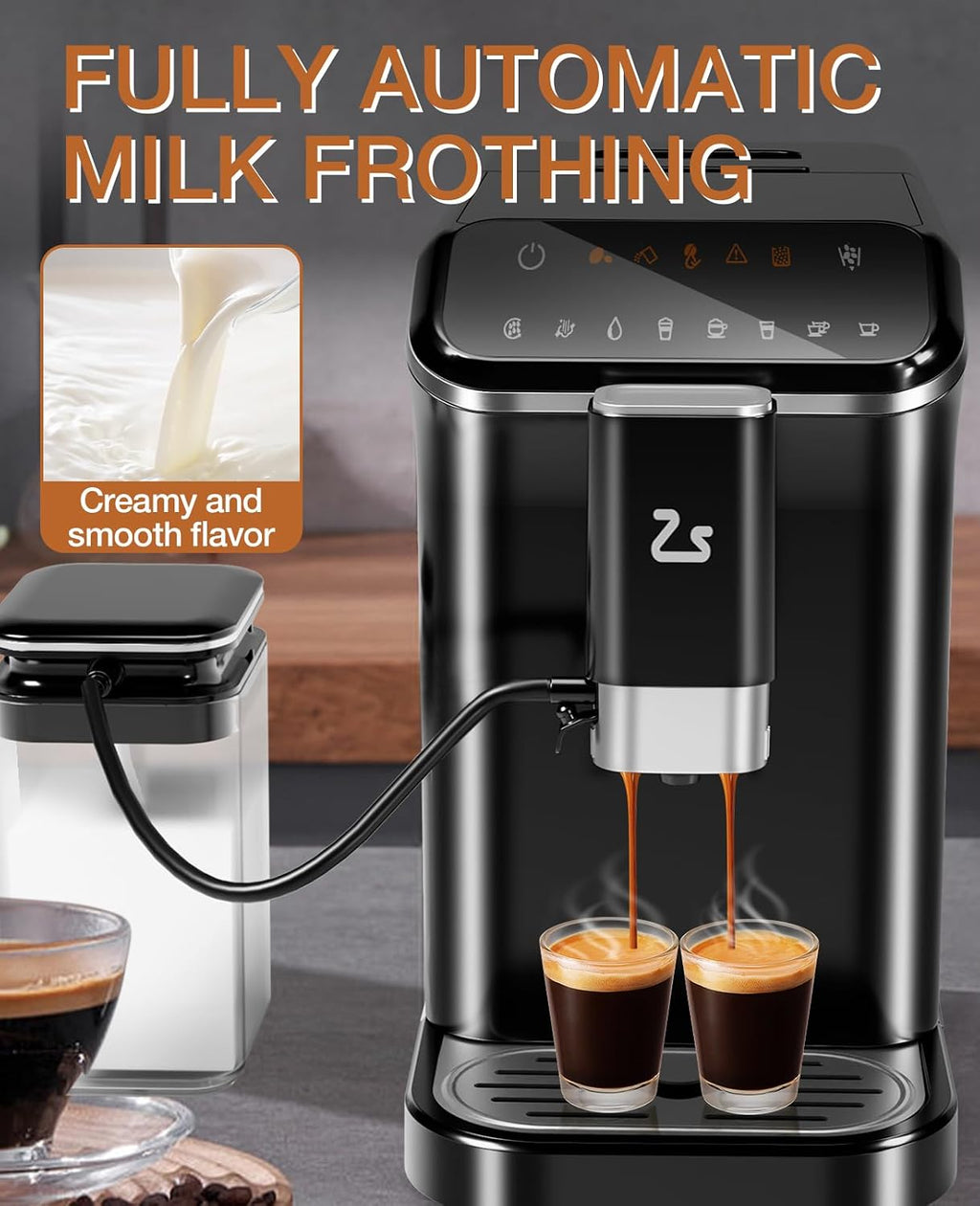 Automatic Espresso Machine with 20 Bar Pressure – One-Touch Coffee Maker, Built-in Grinder & Milk Frother, 6 Custom Recipes, 1.5L Water Tank, Auto Self-Cleaning, 120V for Home & Office (Black&Silver)