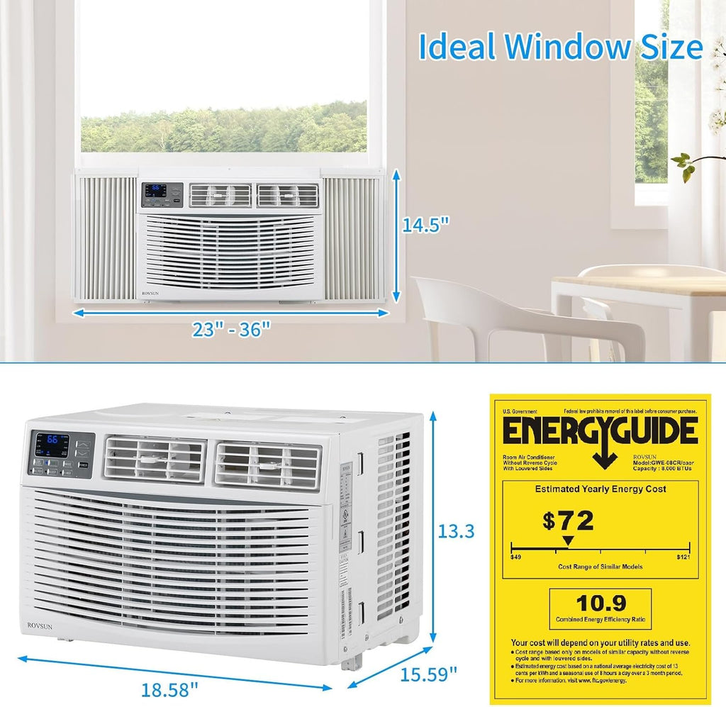 ROVSUN 8000 BTU Air Conditioner Window Unit, 3-in-1 Window AC Unit Cooler, Dehumidifier & Fan with Timer, Remote Control & Installation Kit, Cooling Rooms up to 350 Sq. Ft, 115V/60Hz