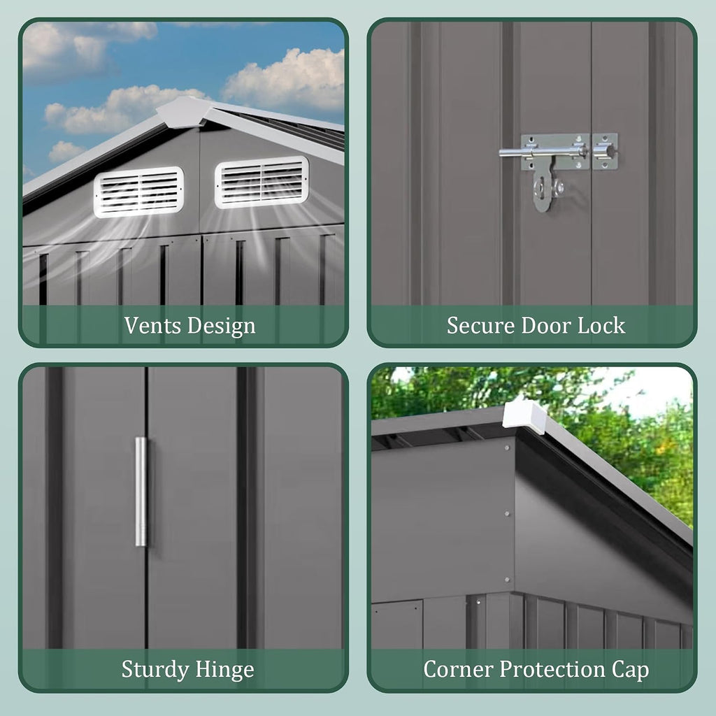 Outdoor Storage Shed 5x3x6FT Pitched Roof, Galvanized Steel Garden Shed with Lockable Door & Window, Waterproof Metal Tool Storage for Garden, Backyard, Patio, Lawn