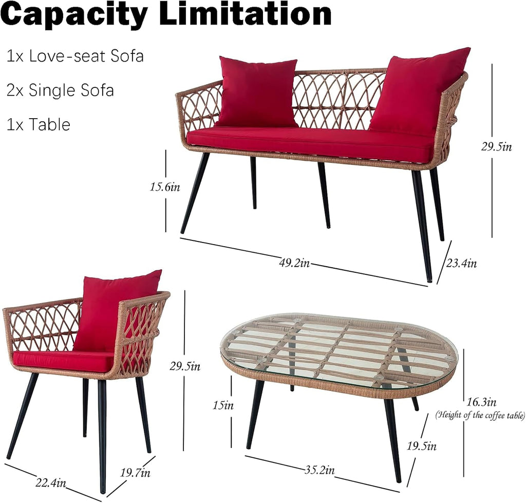 4 Piece Patio Furniture Set,Outdoor Conversation Set with Wicker Sofa, 2 Rattan Chairs and Glass Table, Patio Bistro Set with All Weather Cushions, for Garden, Porch, Backyard (Red)