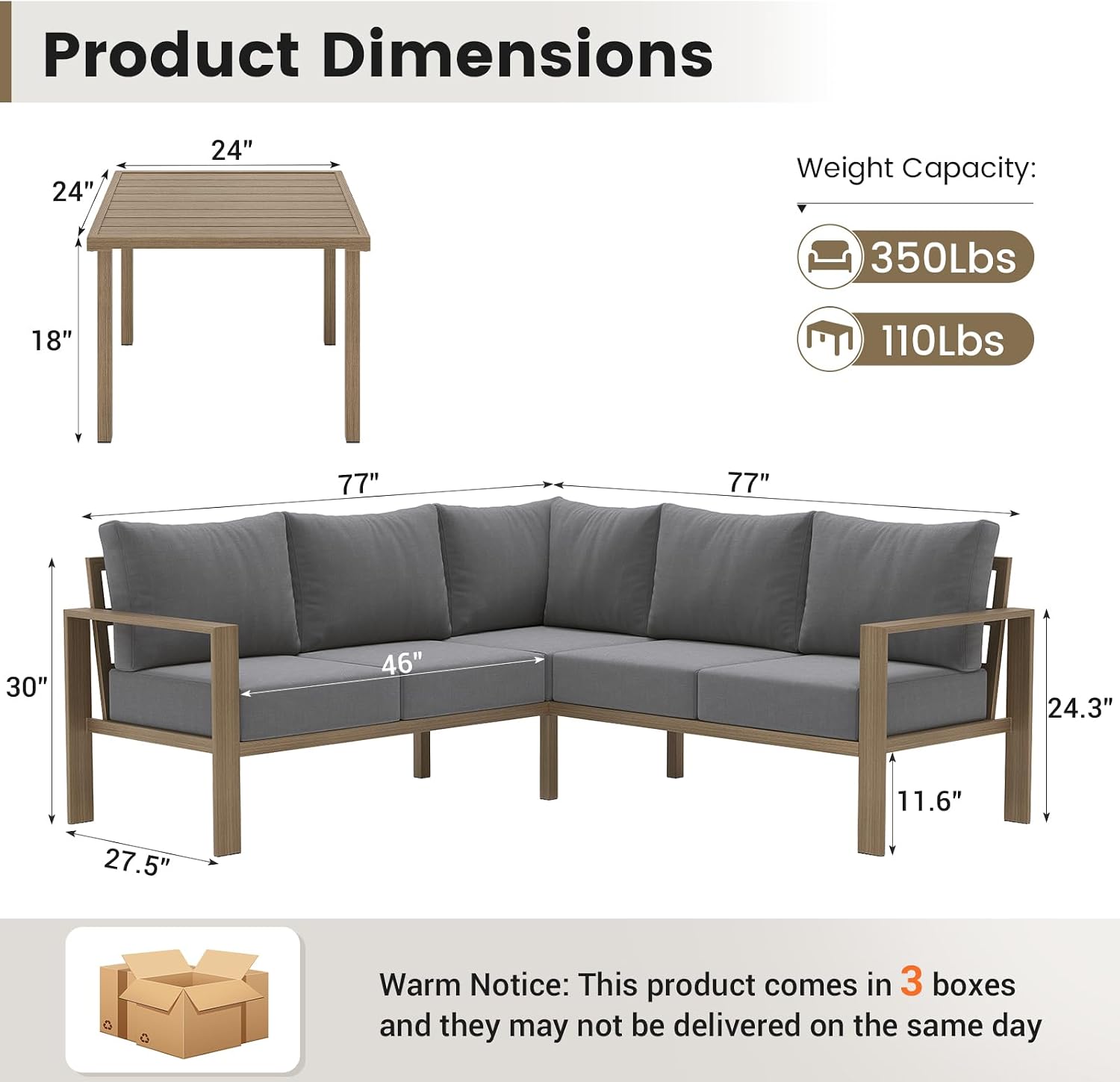 UDPATIO 6 Piece Patio Furniture Set, Faux Wood Metal Outdoor Sectional Sofa with 6' Thick Olefin Cushions, Wide Armrest & Coffee Table, L Shaped Outdoor Furniture for Garden, Backyard Dark Grey