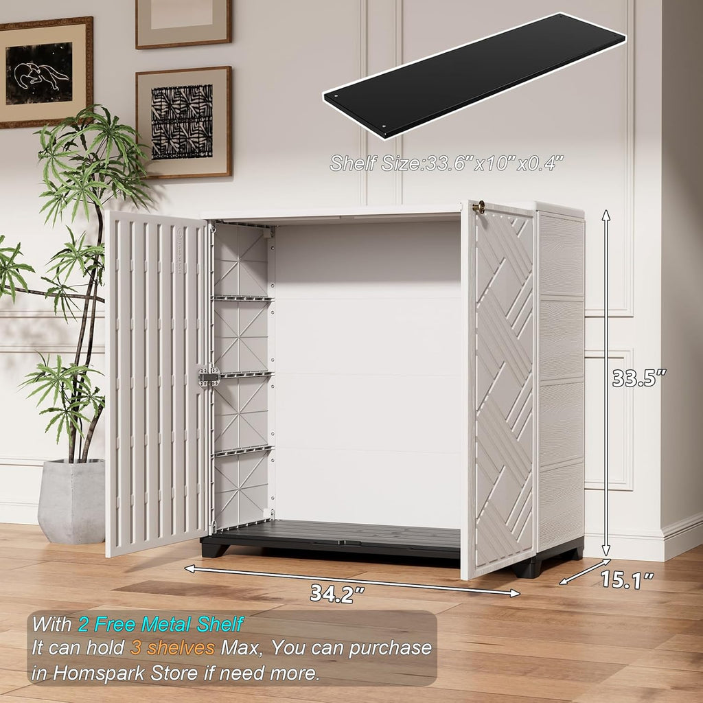 HOMSPARK Indoor/Outdoor Storage Cabinet with Doors and 2 Metal Shelves, 34'x15'x34' HDPE Plastic Storage Box for Patio, Garden, Enterway, Balcony, Multi-Purpose for Daily Tools, White