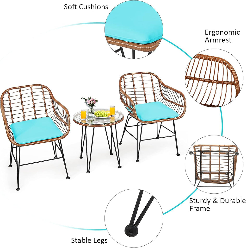 COSTWAY 3 Pieces Patio Bistro Set, Outdoor Rattan Conversation Seating Chair Set with Coffee Table & Soft Cushions, Indoor Wicker Furniture Set for Garden, Balcony, Porch, Pool, Turquoise