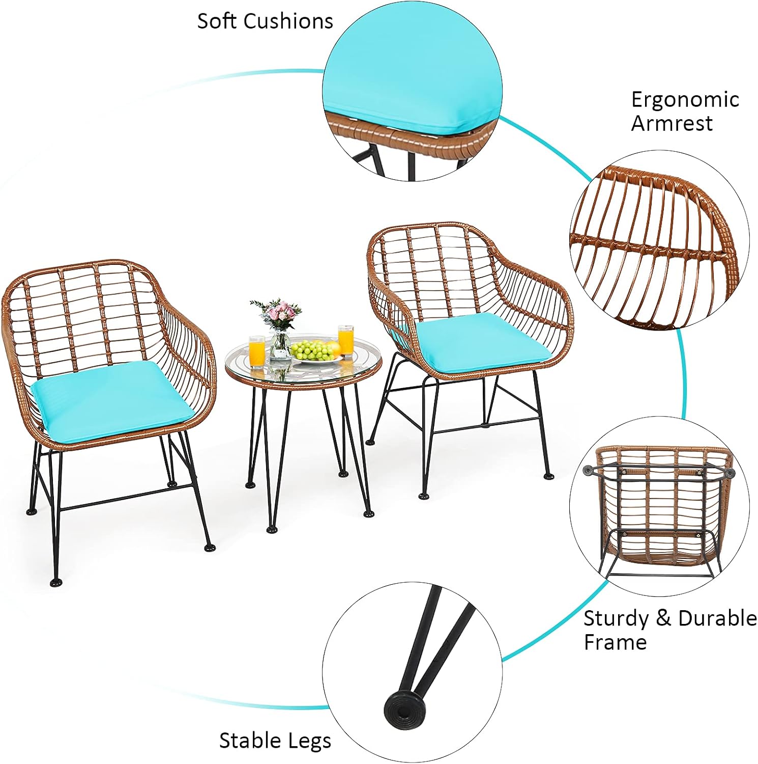 COSTWAY 3 Pieces Patio Bistro Set, Outdoor Rattan Conversation Seating Chair Set with Coffee Table & Soft Cushions, Indoor Wicker Furniture Set for Garden, Balcony, Porch, Pool, Turquoise