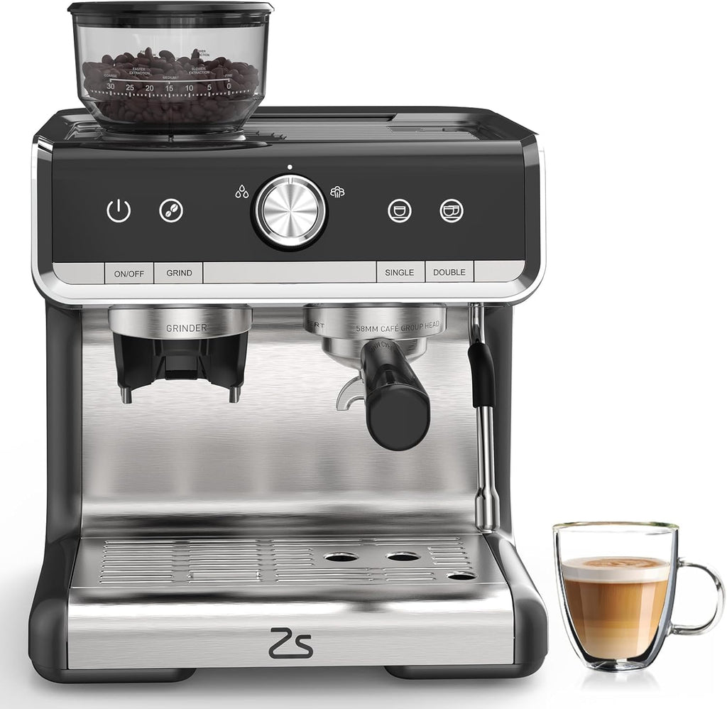 Espresso Machine with Built-in Grinder & Milk Frother, 15 Bar Semi-Automatic Coffee Maker with Steam Wand, 2.5l Water Tank, Italian Pump System, Stainless Steel Construction